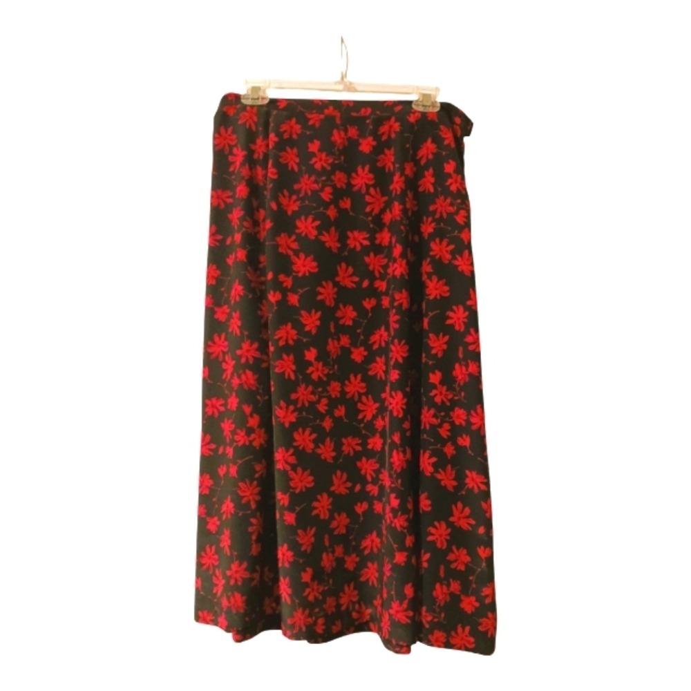 Y2K Black And Dark Red Floral A Line Flowy Vintage Skirt Plus 14P